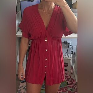 Elegant Red Button-Down Swim Coverup